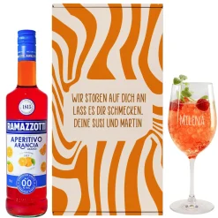 Geschenkset mit Weinglas und Aperol mit Wunschtext und Name graviert
