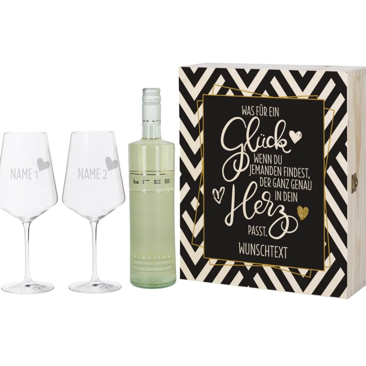 Geschenkset mit zwei gravierten Weingläsern und Wein in bedruckter Geschenkbox