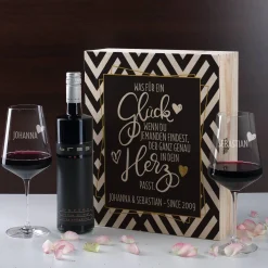Geschenkset mit zwei gravierten Weingläsern und Wein in bedruckter Geschenkbox