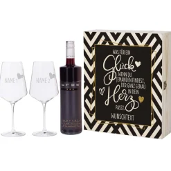 Geschenkset mit zwei gravierten Weingläsern und Wein in bedruckter Geschenkbox