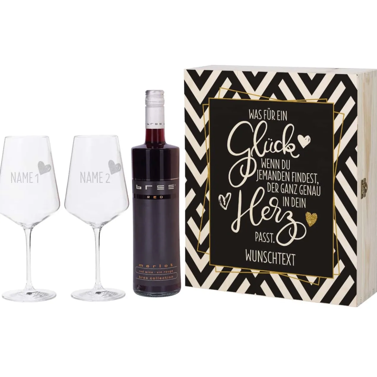 Geschenkset mit zwei gravierten Weingläsern und Wein in bedruckter Geschenkbox