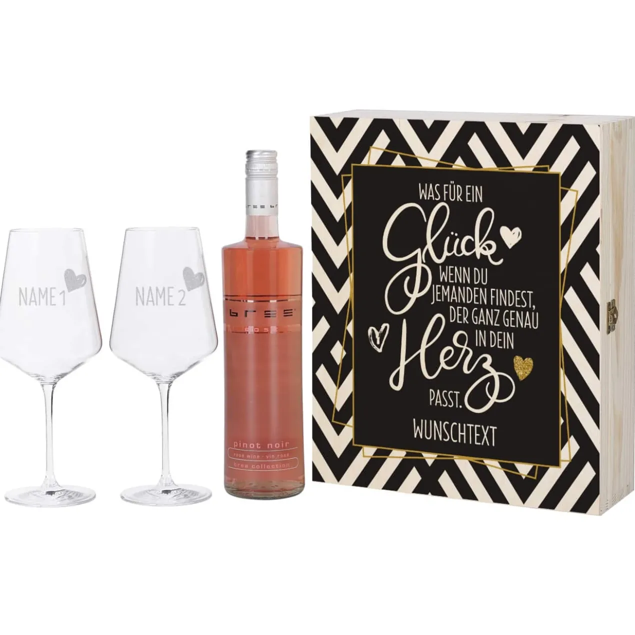 Geschenkset mit zwei gravierten Weingläsern und Wein in bedruckter Geschenkbox