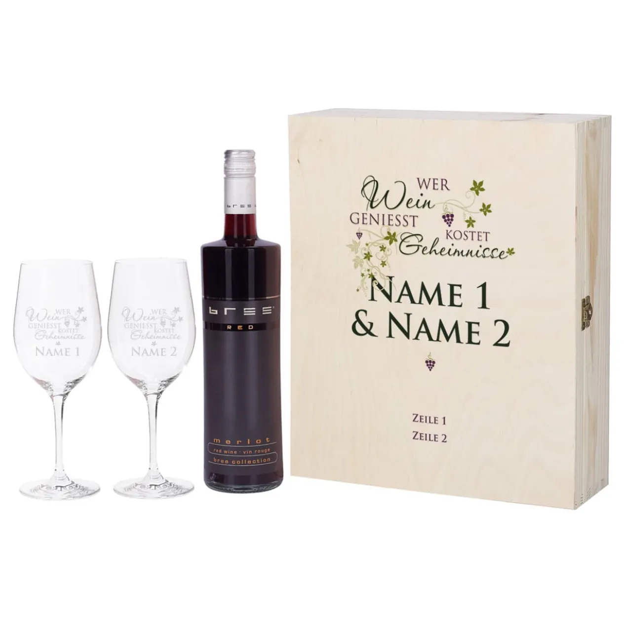 Geschenkset - Wer Wein genießt... 2 gravierte Gläser und Weinflasche in bedruckter Holzbox