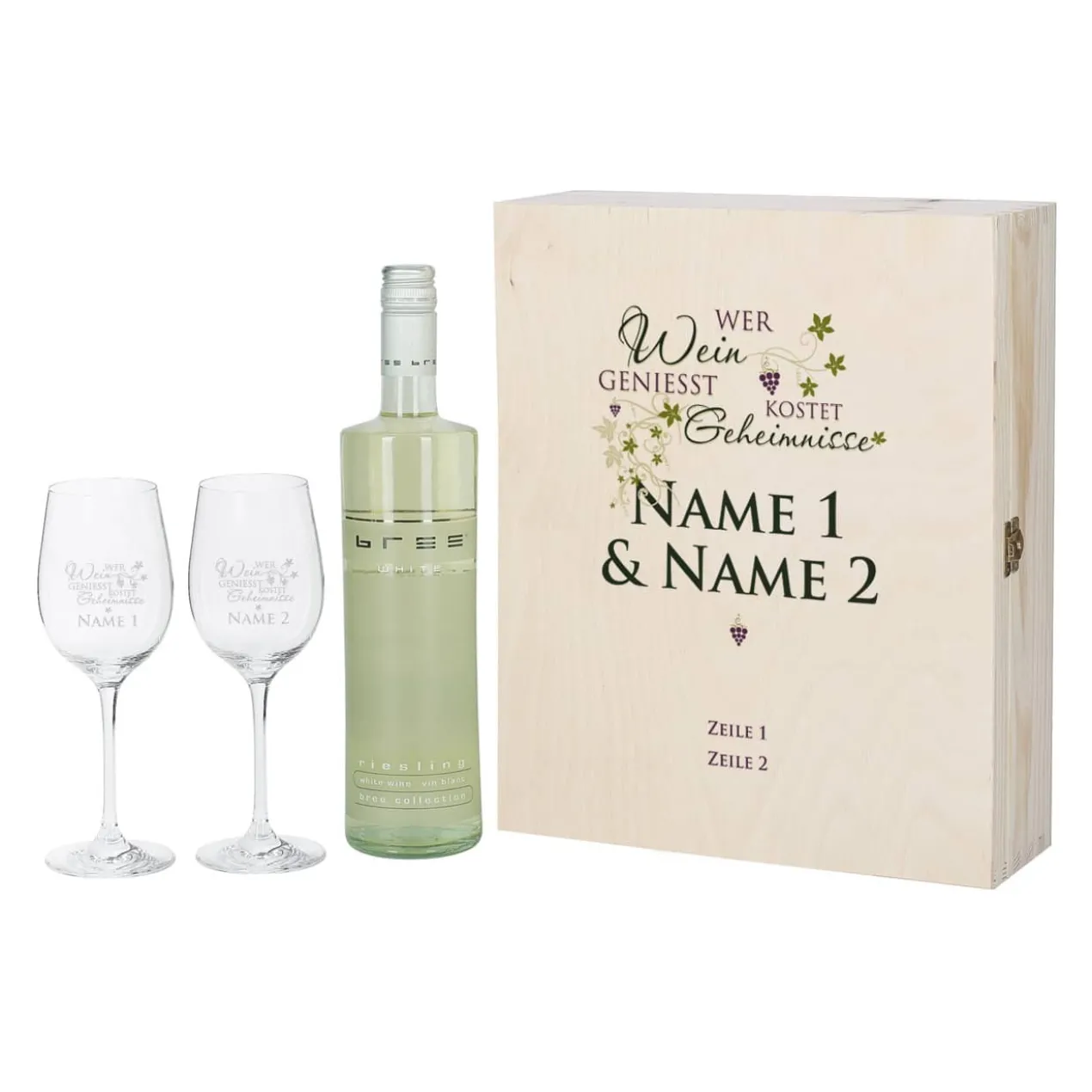 Geschenkset - Wer Wein genießt... 2 gravierte Gläser und Weinflasche in bedruckter Holzbox