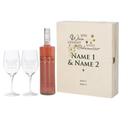 Geschenkset - Wer Wein genießt... 2 gravierte Gläser und Weinflasche in bedruckter Holzbox