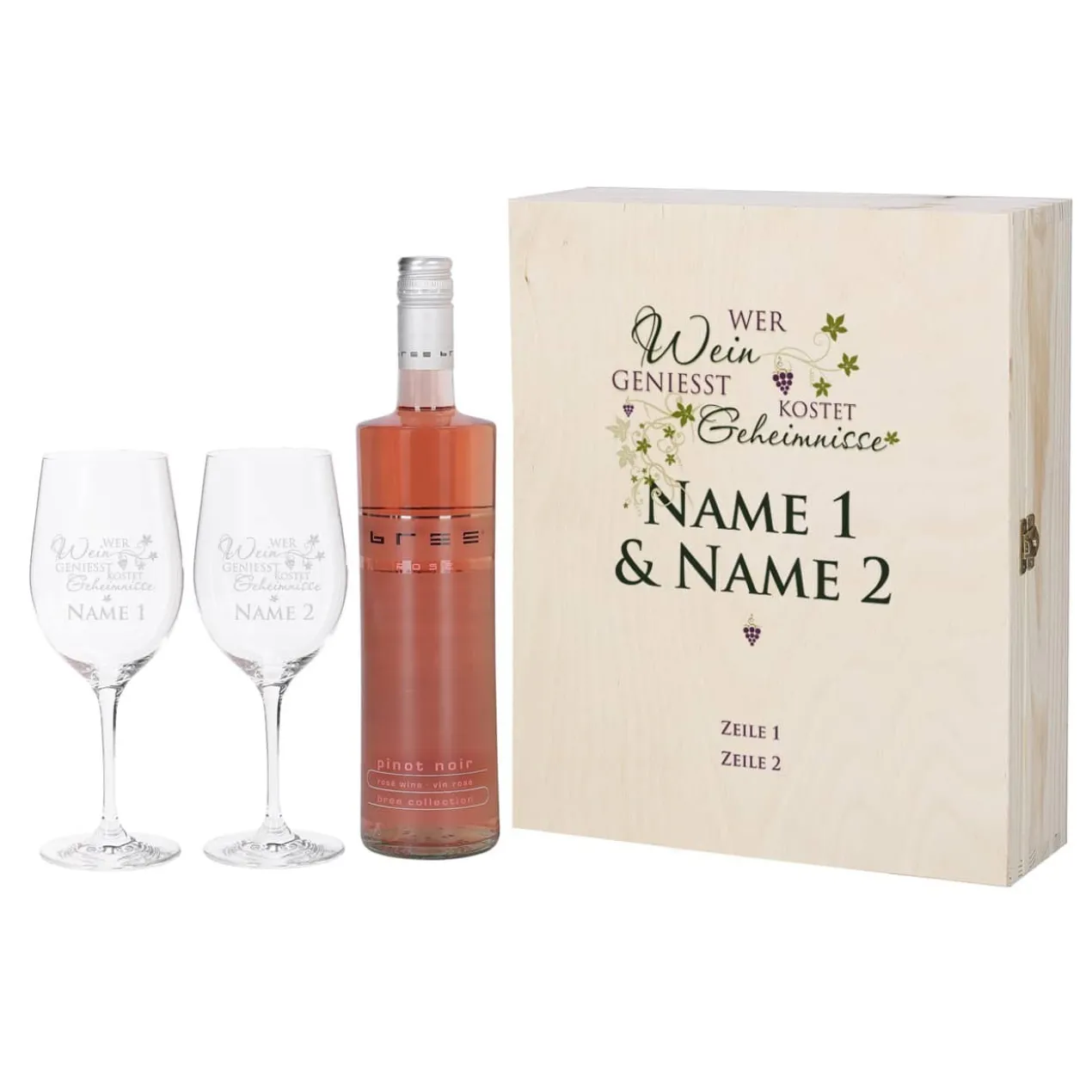 Geschenkset - Wer Wein genießt... 2 gravierte Gläser und Weinflasche in bedruckter Holzbox