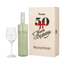Geschenkset zum 50. Geburtstag mit graviertem Weinglas und Weinflasche in persönlicher Holzbox