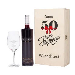 Geschenkset zum 50. Geburtstag mit graviertem Weinglas und Weinflasche in persönlicher Holzbox