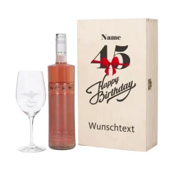 Geschenkset zum 45. Geburtstag mit graviertem Weinglas und Flasche in Holzbox