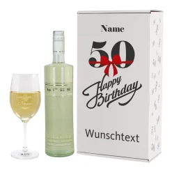 Geschenkset zum 50. Geburtstag mit graviertem Weinglas und Weinflasche in bedruckter Geschenkbox
