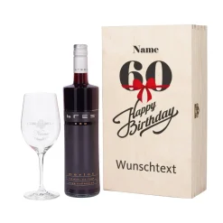 Geschenkset zum 60. Geburtstag mit graviertem Weinglas und Flasche in bedruckter Holzbox
