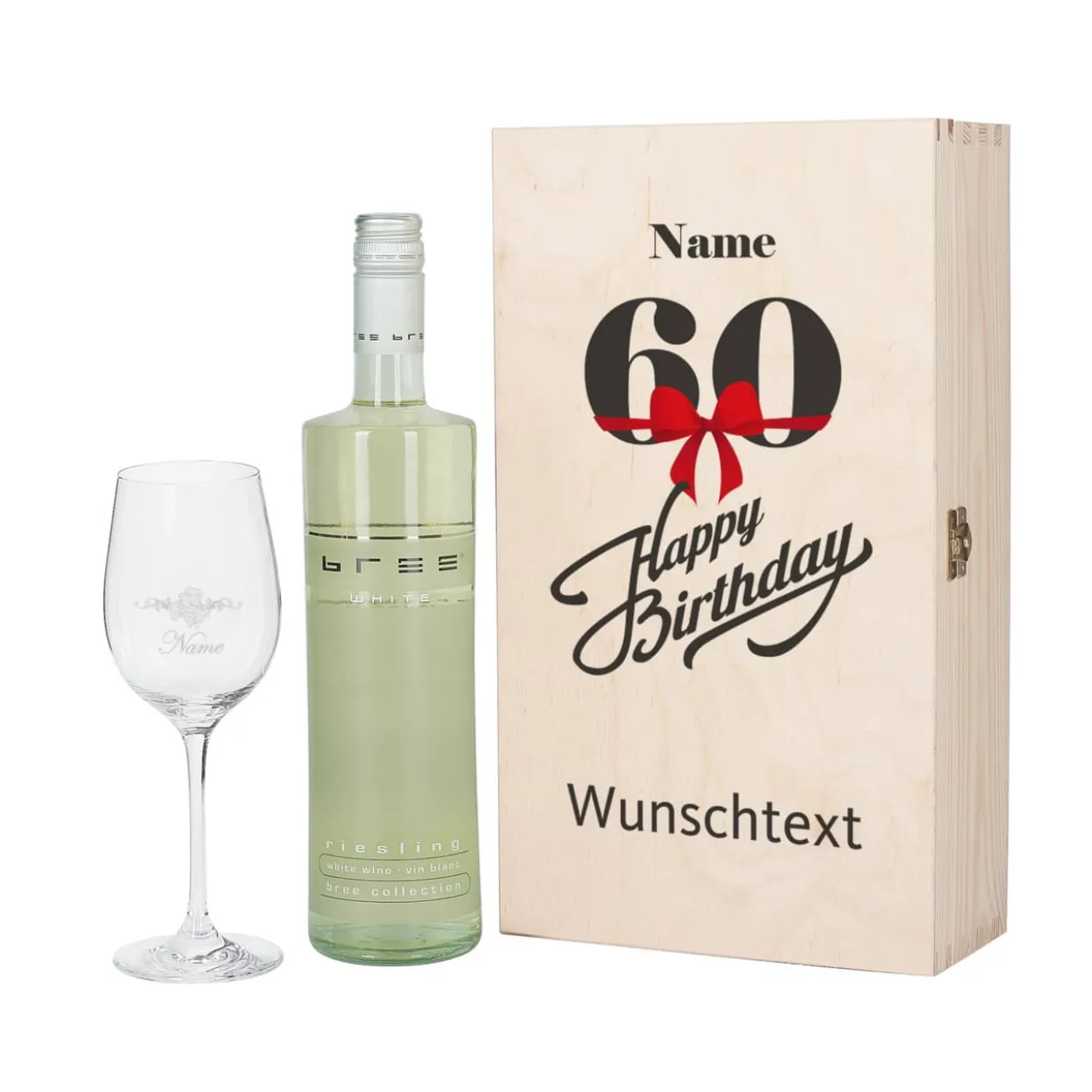 Geschenkset zum 60. Geburtstag mit graviertem Weinglas und Flasche in bedruckter Holzbox