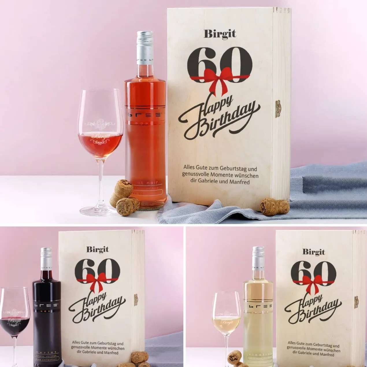 Geschenkset zum 60. Geburtstag mit graviertem Weinglas und Flasche in bedruckter Holzbox