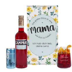 Geschenkset zum Muttertag mit graviertem Glas und blumiger Geschenkverpackung