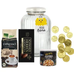 Geschenkset zu Ostern in großer Glasdose mit süßem Kükenanhänger
