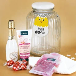 Geschenkset zu Ostern in großer Glasdose mit süßem Kükenanhänger