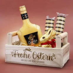 Geschenkset zu Ostern mit Eierlikör und Lindt Schokohase in gravierter Holzbox