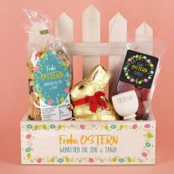 Geschenkset zu Ostern mit Hasennudeln, Salamiherzen, Eierbecher und Lindthase