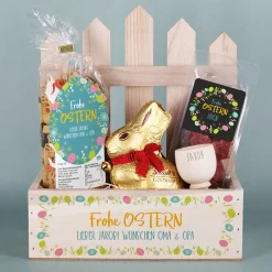 Geschenkset zu Ostern mit Hasennudeln, Salamiherzen, Eierbecher und Lindthase
