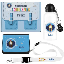 Geschenkset zur Einschulung mit Raumschiff-Motiv und Name