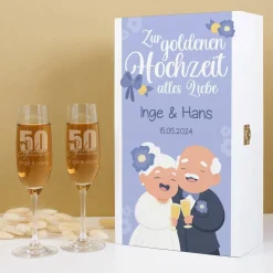 Geschenkset zur goldenen Hochzeit mit zwei gravierten Sektgläsern