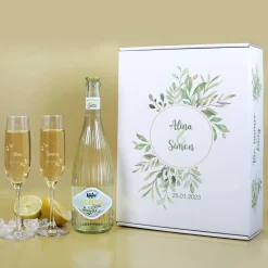 Geschenkset zur Hochzeit mit Blättern, Name und Datum