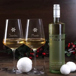 Geschenkset zu Weihnachten mit persönlicher Holzbox und zwei gravierten Weingläsern