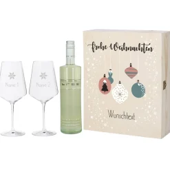 Geschenkset zu Weihnachten mit persönlicher Holzbox und zwei gravierten Weingläsern