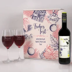 Geschenkset zu Weihnachten mit 2 Weingläsern und Biorebe-Wein in Geschenkverpackung
