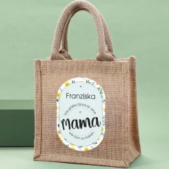 Geschenktüte aus Jute zum Muttertag | Name personalisierbar | Blumen-Motiv