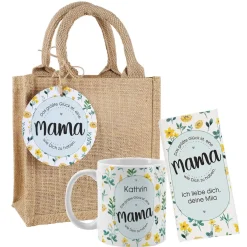 Geschenktüte mit Schokolade und Tasse für die beste Mama