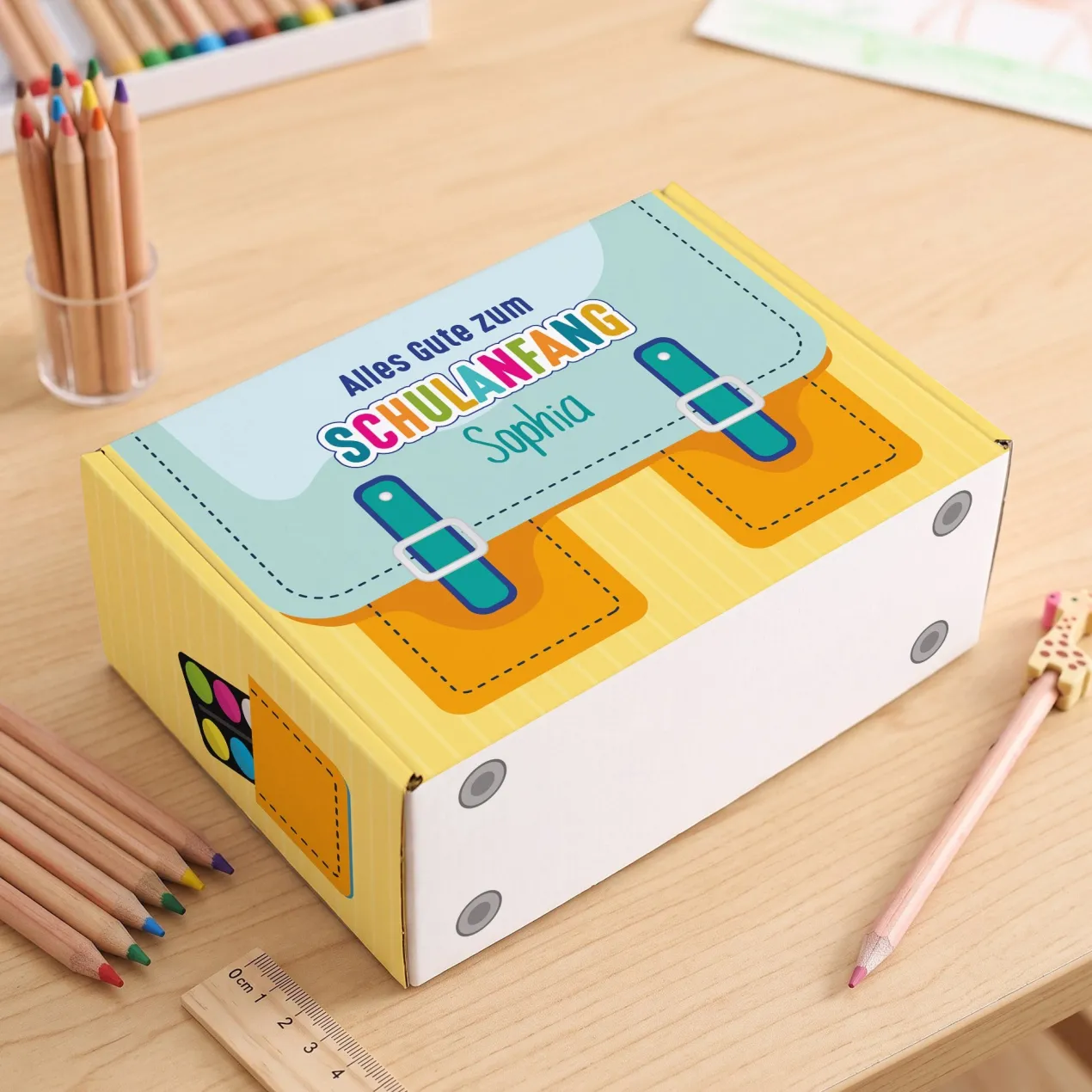 Geschenkverpackung zur Einschulung personalisiert mit Name | Schulranzen Design