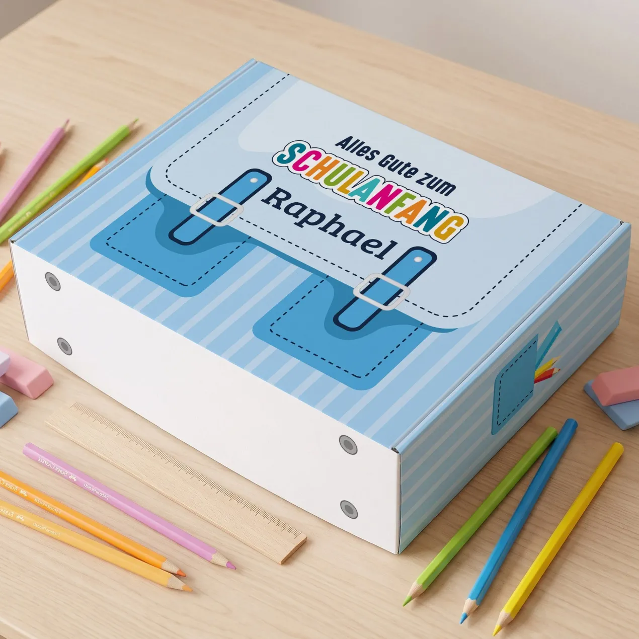 Geschenkverpackung zur Einschulung personalisiert mit Name | Schulranzen Design