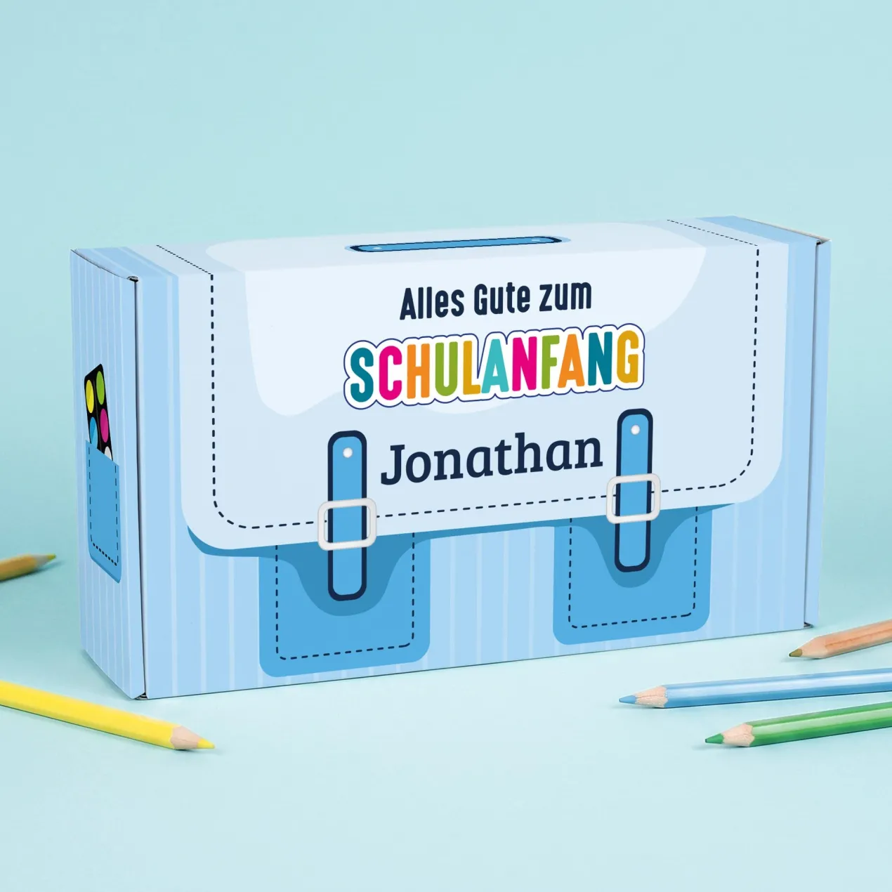Geschenkverpackung zur Einschulung personalisiert mit Name | Schulranzen Design