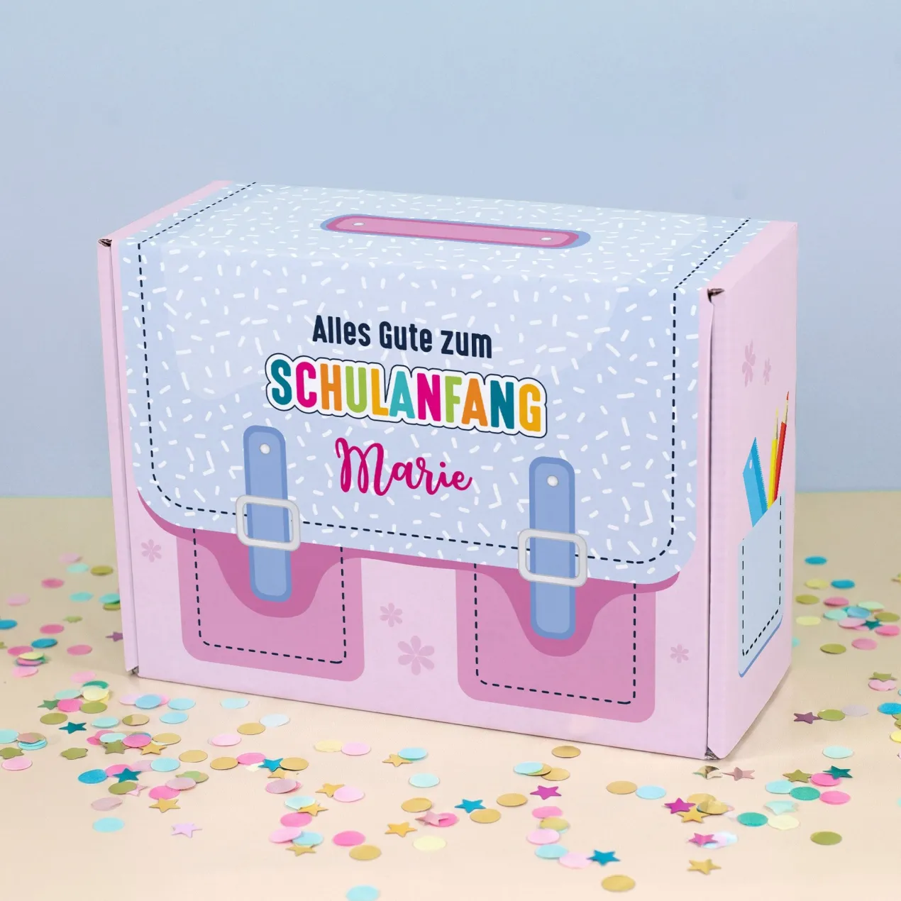 Geschenkverpackung zur Einschulung personalisiert mit Name | Schulranzen Design