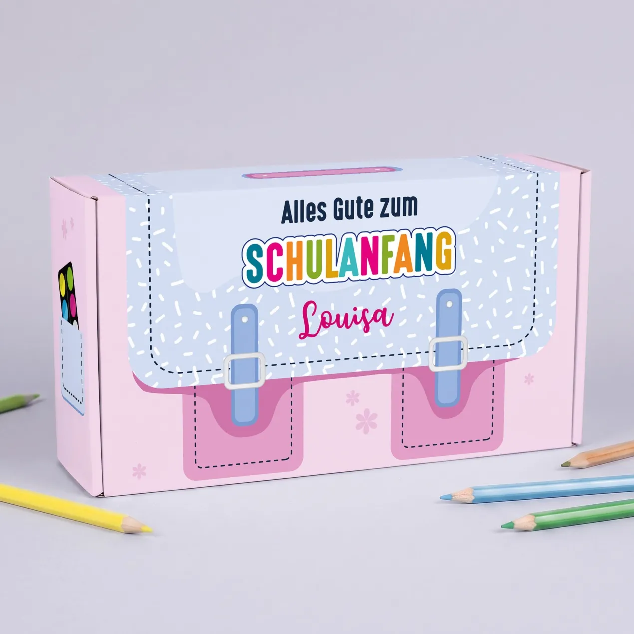 Geschenkverpackung zur Einschulung personalisiert mit Name | Schulranzen Design
