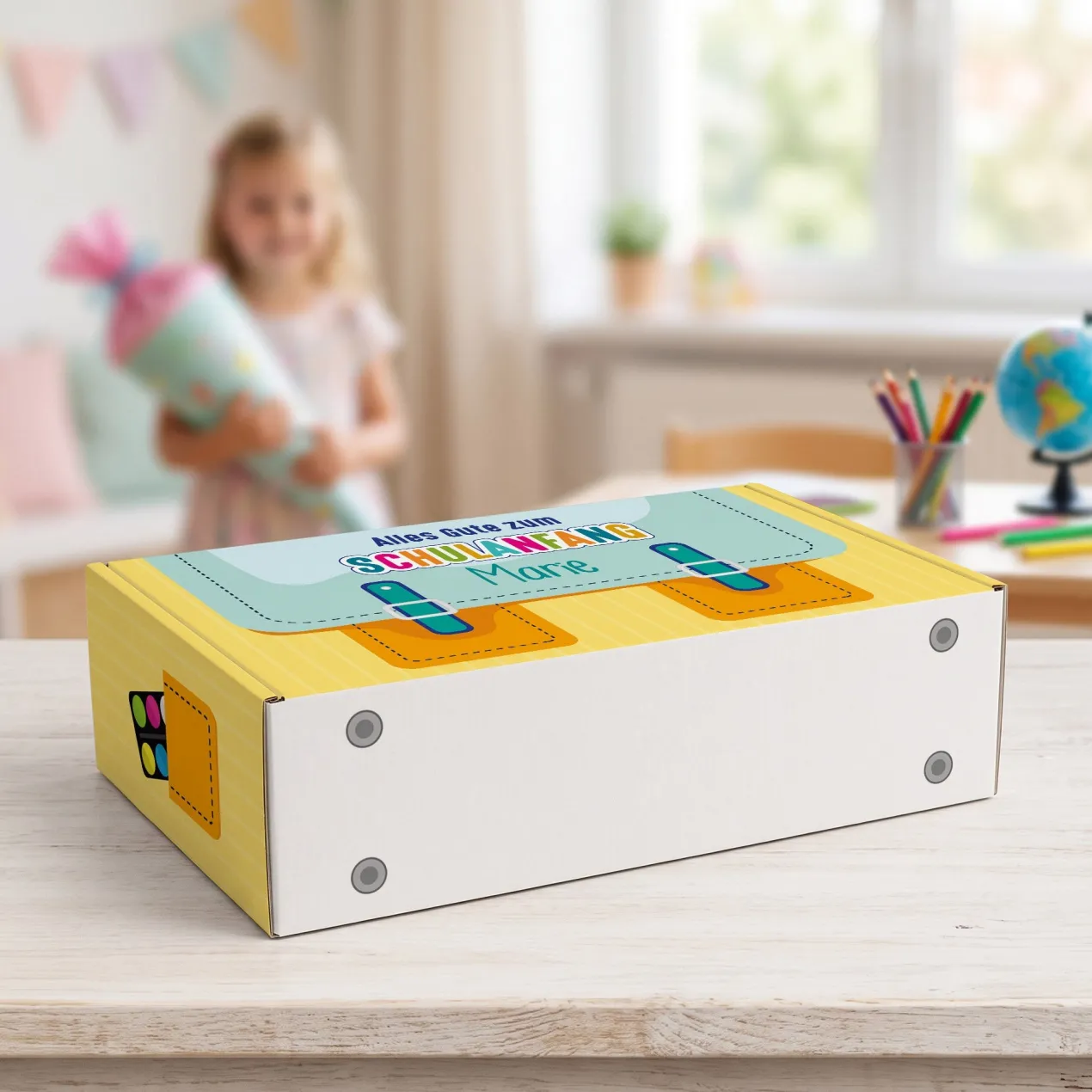 Geschenkverpackung zur Einschulung personalisiert mit Name | Schulranzen Design