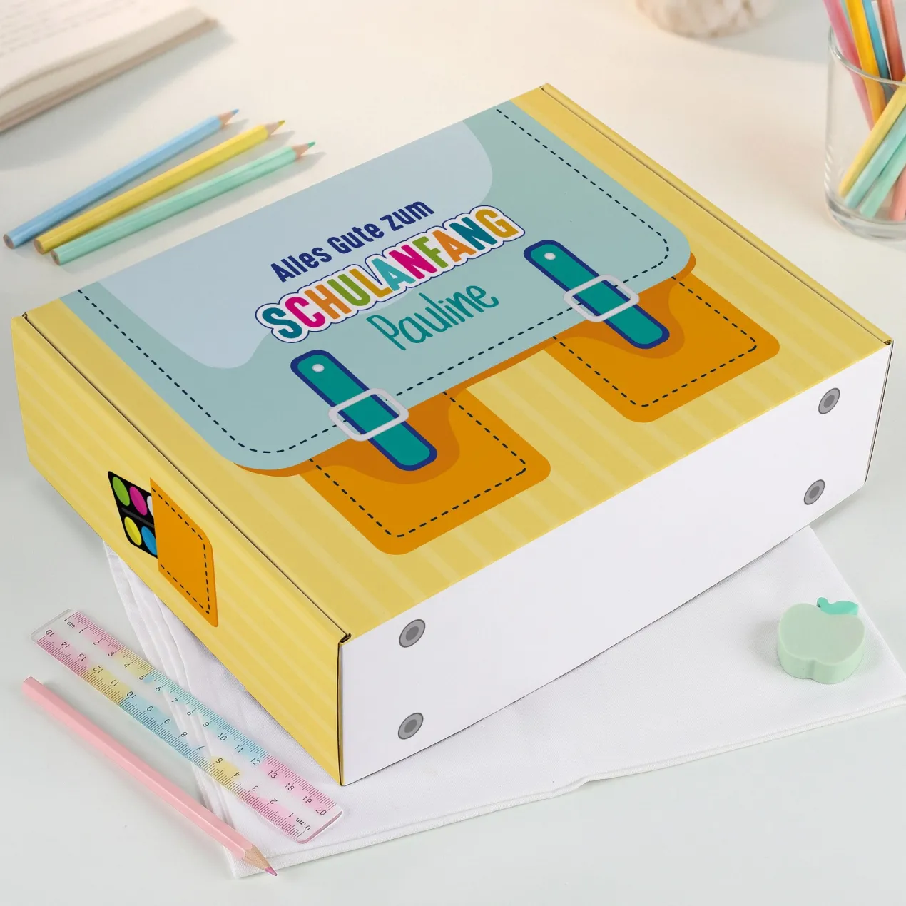 Geschenkverpackung zur Einschulung personalisiert mit Name | Schulranzen Design