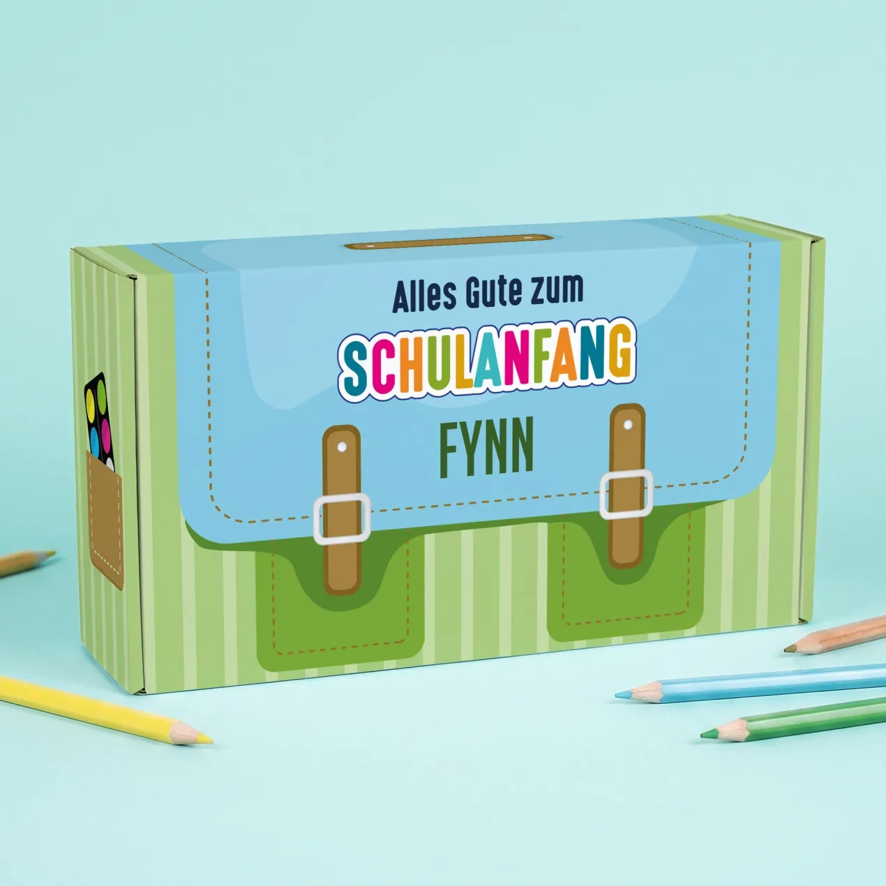 Geschenkverpackung zur Einschulung personalisiert mit Name | Schulranzen Design