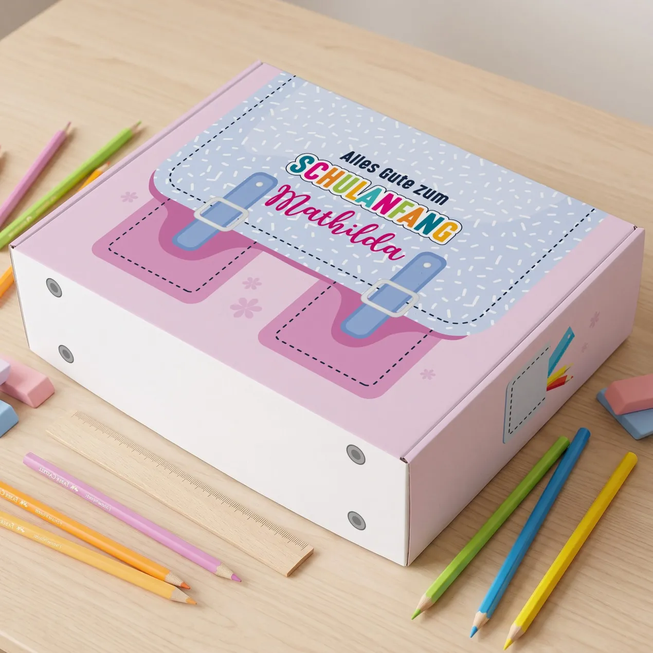 Geschenkverpackung zur Einschulung personalisiert mit Name | Schulranzen Design