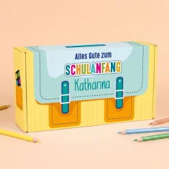 Geschenkverpackung zur Einschulung personalisiert mit Name | Schulranzen Design