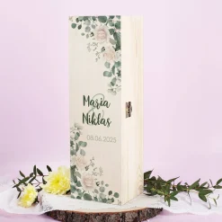 Geschenkverpackung zur Hochzeit - Holzbox mit Namen und Datum Rosenmotiv