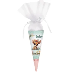 Geschwister-Schultüte mit Rehkitz, Name und Blumen bedruckt, 28 cm