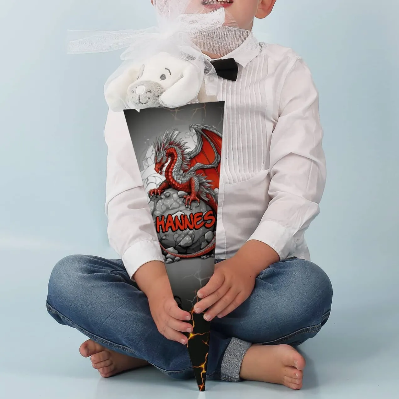 Geschwister-Schultüte mit rotem Drache und Name, 28 cm
