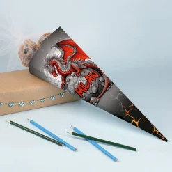 Geschwister-Schultüte mit rotem Drache und Name, 28 cm