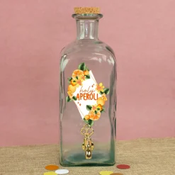 Getränkespender aus Glas mit Zapfhahn und Holy Aperoli Motiv für Cocktails, Grillen & Garten Party