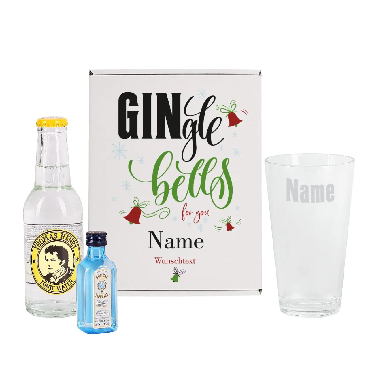 GINgle bells - Geschenkset zu Weihnachten mit Gin, Tonic und graviertem Glas