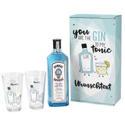 Gin-Set mit zwei Gläsern in bedruckter Verpackung
