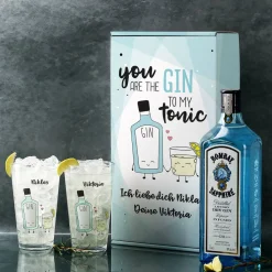 Gin-Set mit zwei Gläsern in bedruckter Verpackung