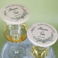 Glasabdeckung als Gastgeschenk zur Hochzeit - Eukalyptus - mit Namen und Datum